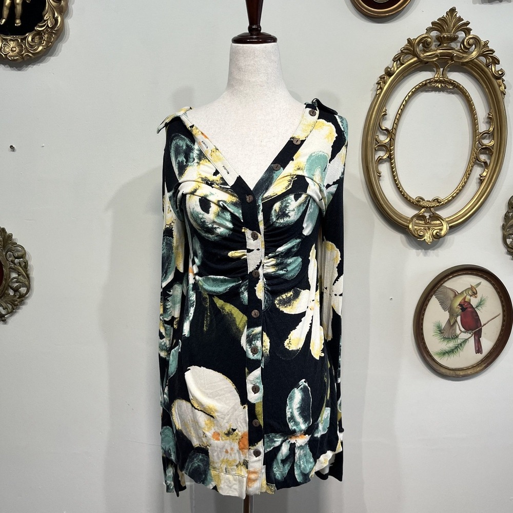 Free People Floral Button-Down Ruched Tunic Dress - Size Small